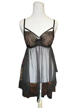 Victoria’s Secret Black Lace Babydoll Lingerie 34C Sheer Mesh Strappy Sexy Chemi